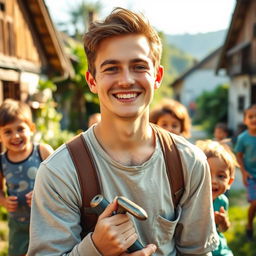 A portrait of a 20-year-old man with a warm smile, showcasing his good nature and friendly demeanor