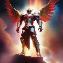 Create an image of a gigantic celestial guardian with a radiant red aura, donned in a dazzling white and gold armor, towering over a vibrant nebula, with a small human figure standing bravely in the foreground