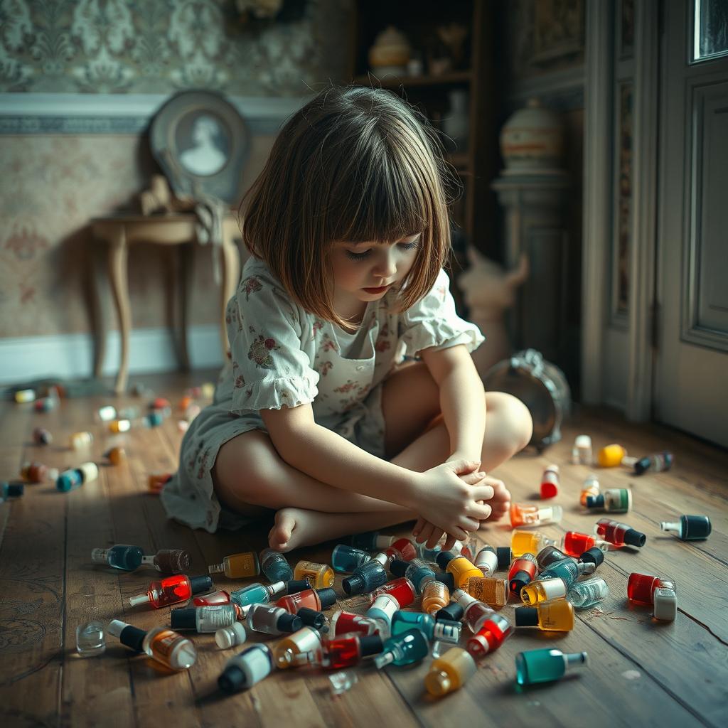 A distressed girl sitting on a wooden floor, tears streaming down her cheeks as she looks down, surrounded by a messy spill of colorful nail polish bottles scattered around her