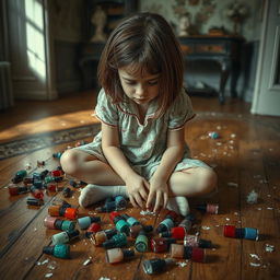 A distressed girl sitting on a wooden floor, tears streaming down her cheeks as she looks down, surrounded by a messy spill of colorful nail polish bottles scattered around her