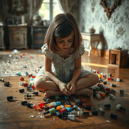 A distressed girl sitting on a wooden floor, tears streaming down her cheeks as she looks down, surrounded by a messy spill of colorful nail polish bottles scattered around her