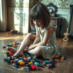A distressed girl sitting on a wooden floor, tears streaming down her cheeks as she looks down, surrounded by a messy spill of colorful nail polish bottles scattered around her