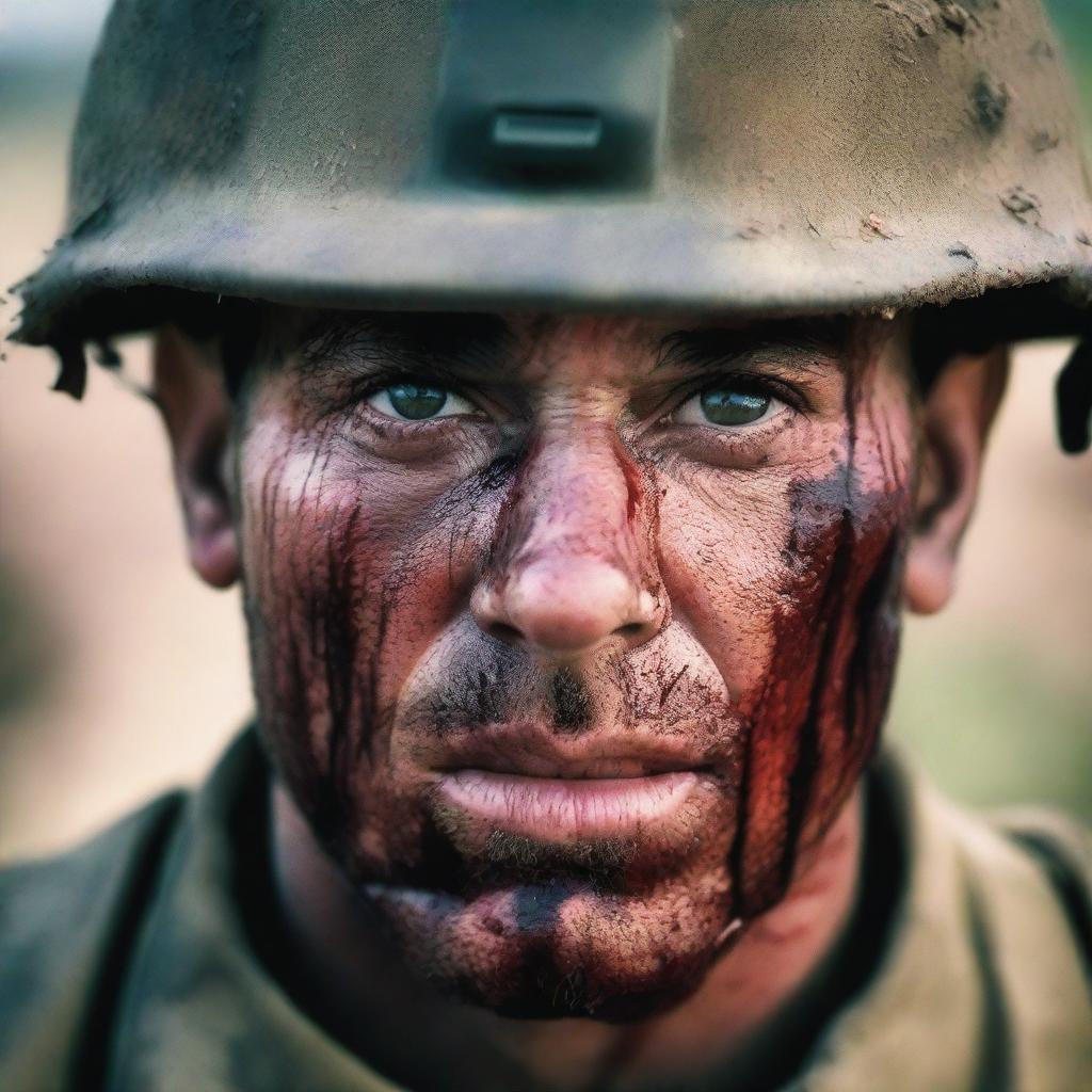 Generate a close-up image of a soldier's face, streaked with sweat, blood, mud, and dirt, reflecting the intensity and harsh realities of war, set against a blurred battlefield backdrop