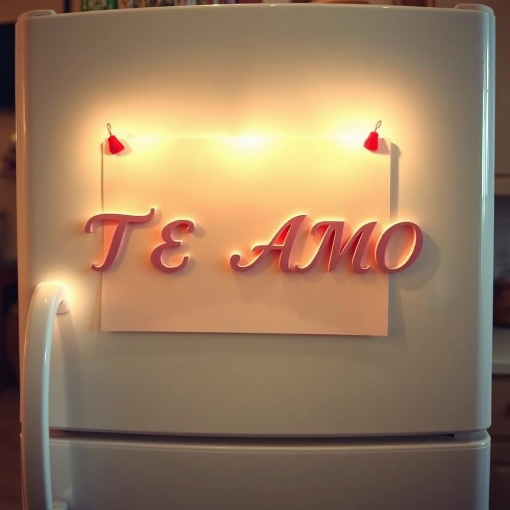 A charming note stuck to a refrigerator that says 'TE AMO' in elegant, romantic letters of the same color