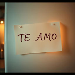 A charming note stuck to a refrigerator that says 'TE AMO' in elegant, romantic letters of the same color