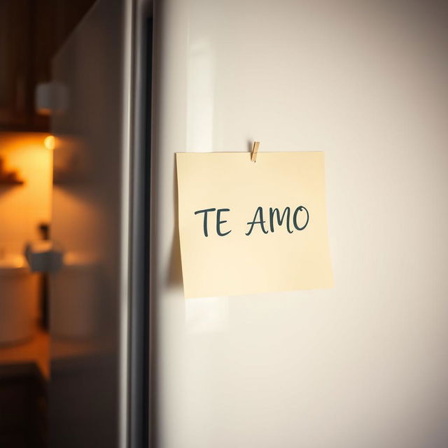 A charming note stuck to a refrigerator that says 'TE AMO' in elegant, romantic letters of the same color