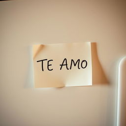 A charming note stuck to a refrigerator that says 'TE AMO' in elegant, romantic letters of the same color