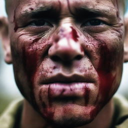 Generate a close-up image of a soldier's face, streaked with sweat, blood, mud, and dirt, reflecting the intensity and harsh realities of war, set against a blurred battlefield backdrop