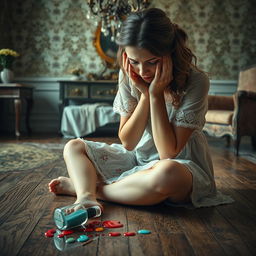 A heartbroken woman sitting on a vintage wooden floor, her face buried in her hands as tears stream down her cheeks