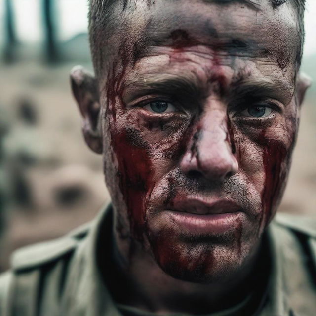 Generate a close-up image of a soldier's face, streaked with sweat, blood, mud, and dirt, reflecting the intensity and harsh realities of war, set against a blurred battlefield backdrop