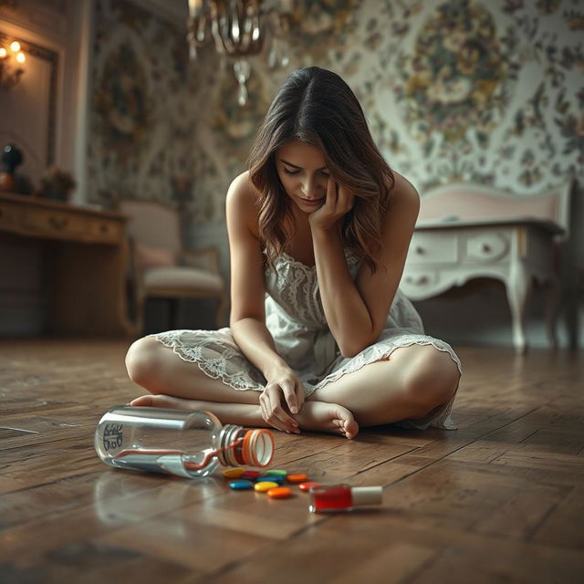 A heartbroken woman sitting on a vintage wooden floor, her face buried in her hands as tears stream down her cheeks