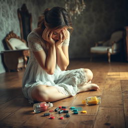 A heartbroken woman sitting on a vintage wooden floor, her face buried in her hands as tears stream down her cheeks