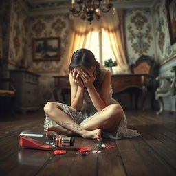 A heartbroken woman sitting on a vintage wooden floor, her face buried in her hands as tears stream down her cheeks