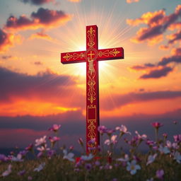 A vibrant depiction of the red cross symbolizing Jesus, set against a dramatic sunset sky