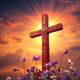 A vibrant depiction of the red cross symbolizing Jesus, set against a dramatic sunset sky