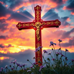 A vibrant depiction of the red cross symbolizing Jesus, set against a dramatic sunset sky