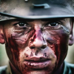 Generate a close-up image of a soldier's face, streaked with sweat, blood, mud, and dirt, reflecting the intensity and harsh realities of war, set against a blurred battlefield backdrop