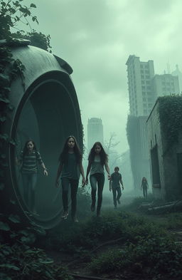 A dystopian scene featuring a group of teenagers emerging from futuristic capsules, set in a desolate landscape overrun by nature reclaiming abandoned buildings and streets