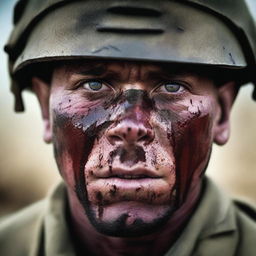 Create a vivid image of a soldier's face under combat, marked with sweat, blood, mud, and dirt, his eyes reflecting the intensity of battle, set against a blurred backdrop of a raging war