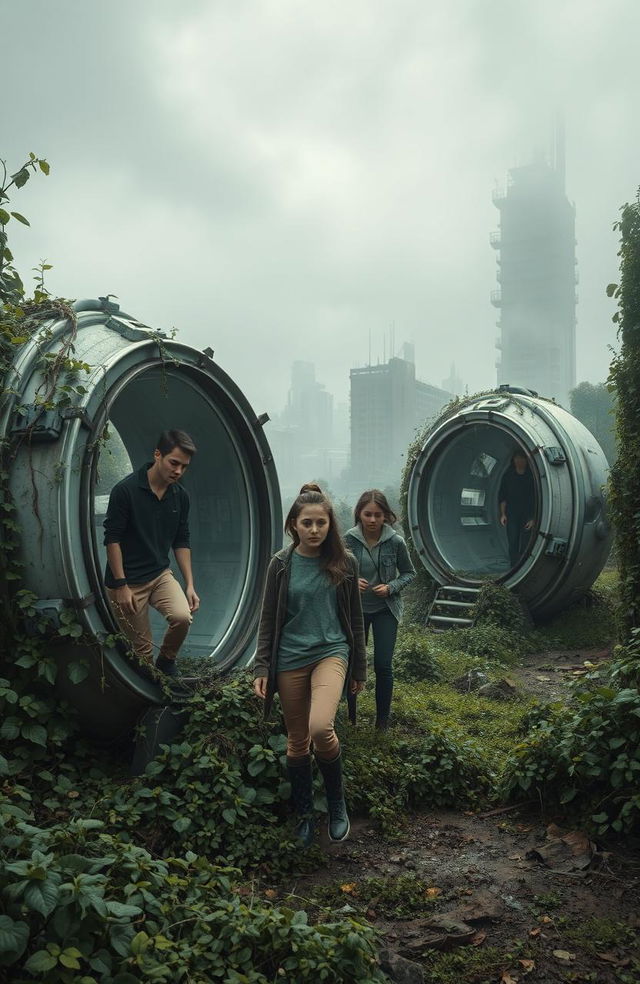 A dystopian scene featuring a group of teenagers emerging from futuristic capsules, set in a desolate landscape overrun by nature reclaiming abandoned buildings and streets