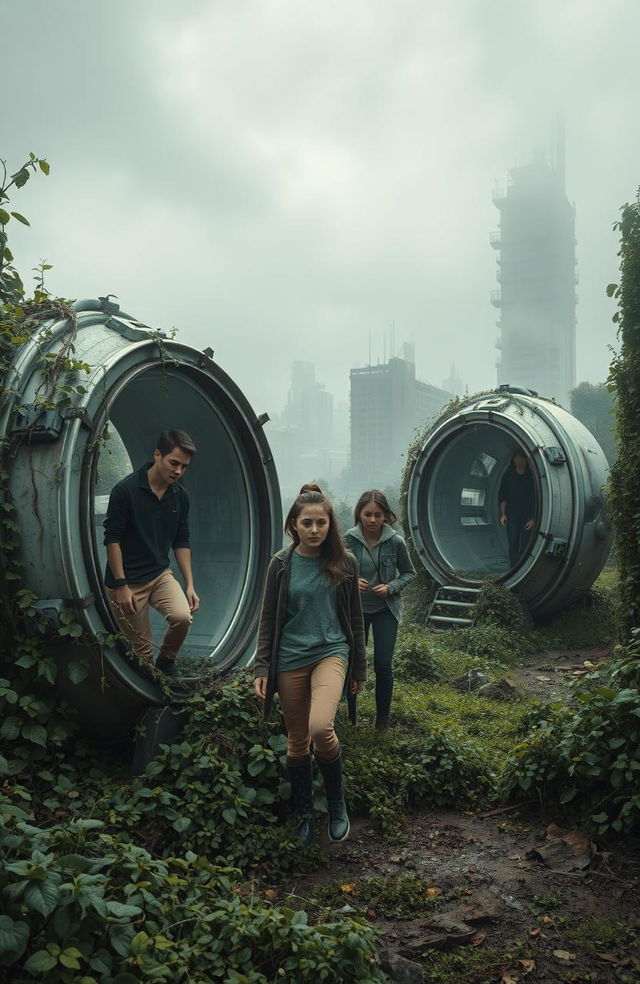 A dystopian scene featuring a group of teenagers emerging from futuristic capsules, set in a desolate landscape overrun by nature reclaiming abandoned buildings and streets