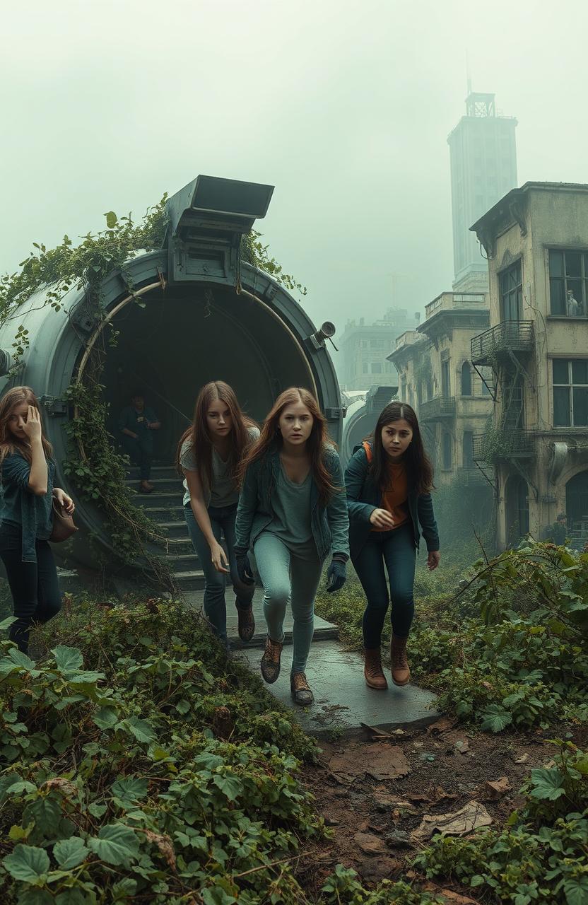 A dystopian scene featuring a group of teenagers emerging from futuristic capsules, set in a desolate landscape overrun by nature reclaiming abandoned buildings and streets