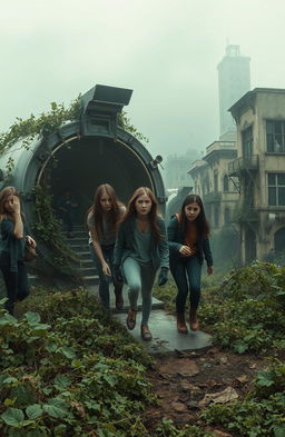A dystopian scene featuring a group of teenagers emerging from futuristic capsules, set in a desolate landscape overrun by nature reclaiming abandoned buildings and streets