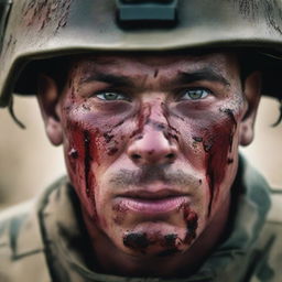 Create a vivid image of a soldier's face under combat, marked with sweat, blood, mud, and dirt, his eyes reflecting the intensity of battle, set against a blurred backdrop of a raging war