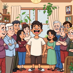 A cartoon-style illustration depicting a scene from 'How My Brother Leon Brought Home a Wife'