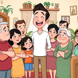 A cartoon-style illustration depicting a scene from 'How My Brother Leon Brought Home a Wife'