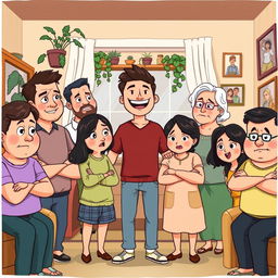 A cartoon-style illustration depicting a scene from 'How My Brother Leon Brought Home a Wife'