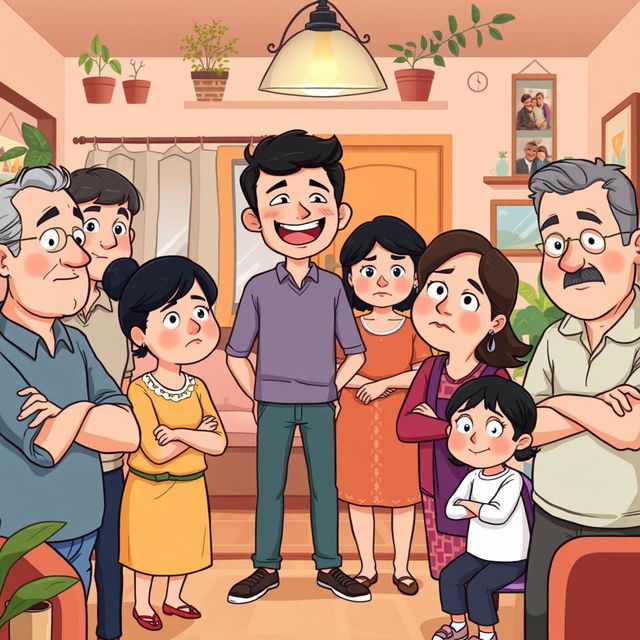 A cartoon-style illustration depicting a scene from 'How My Brother Leon Brought Home a Wife'