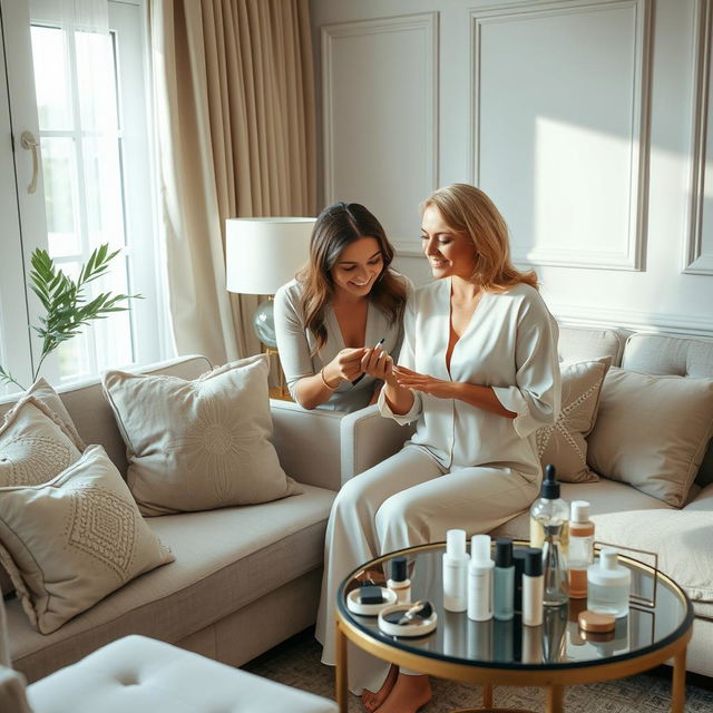 A beautiful scene of a couple of women in a stylish room decorated in neutral colors, such as soft beige and light gray