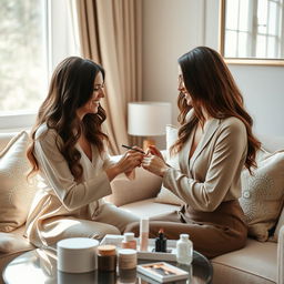 A beautiful scene of a couple of women in a stylish room decorated in neutral colors, such as soft beige and light gray