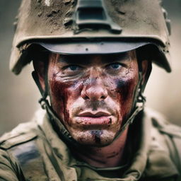 Create a vivid image of a soldier's face under combat, marked with sweat, blood, mud, and dirt, his eyes reflecting the intensity of battle, set against a blurred backdrop of a raging war