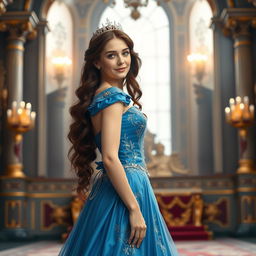 A royal princess wearing an elegant blue gown, her long, dark red hair slightly wavy, cascading down her shoulders