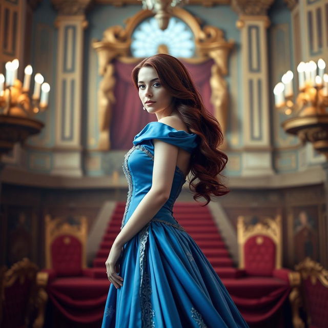 A royal princess wearing an elegant blue gown, her long, dark red hair slightly wavy, cascading down her shoulders