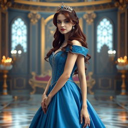 A royal princess wearing an elegant blue gown, her long, dark red hair slightly wavy, cascading down her shoulders