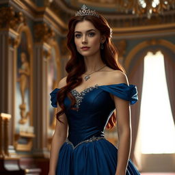 A royal princess wearing an elegant blue gown, her long, dark red hair slightly wavy, cascading down her shoulders