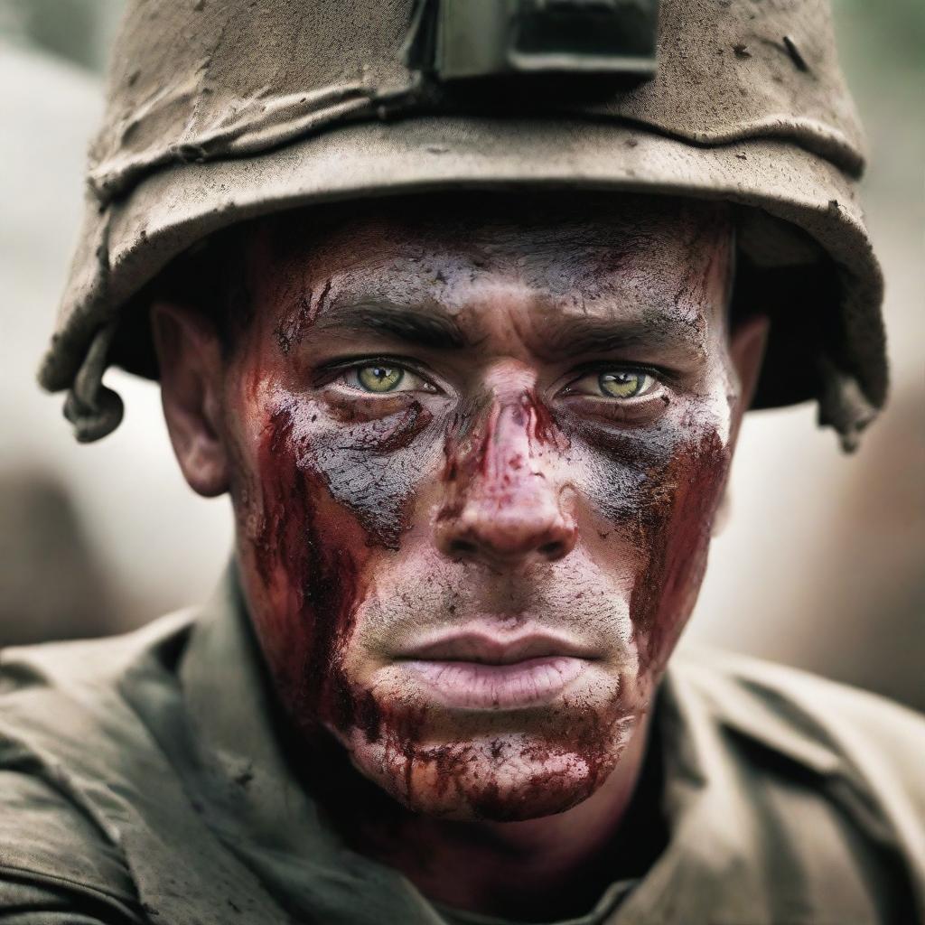 Create a vivid image of a soldier's face under combat, marked with sweat, blood, mud, and dirt, his eyes reflecting the intensity of battle, set against a blurred backdrop of a raging war