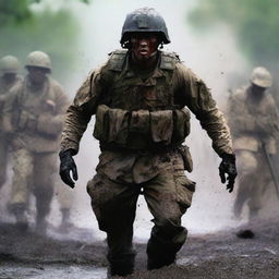 Generate an image of a soldier in the thick of combat, his uniform and skin streaked with sweat, blood, mud, and dirt, capturing the harsh realities of war on a chaotic battlefield