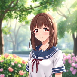 A 16-year-old female anime character with shoulder-length brown hair and warm hazelnut eyes, wearing a classic sailor uniform