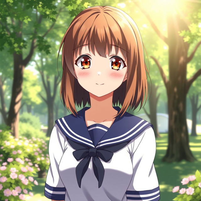 A 16-year-old female anime character with shoulder-length brown hair and warm hazelnut eyes, wearing a classic sailor uniform