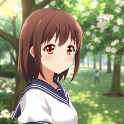 A 16-year-old female anime character with shoulder-length brown hair and warm hazelnut eyes, wearing a classic sailor uniform