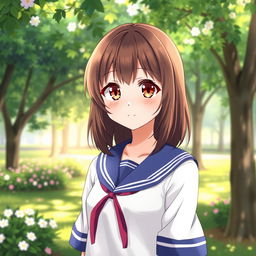 A 16-year-old female anime character with shoulder-length brown hair and warm hazelnut eyes, wearing a classic sailor uniform