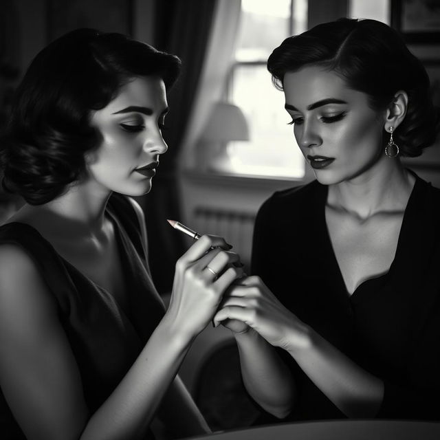 A striking black and white image depicting a couple of women in a Nouvelle vague style