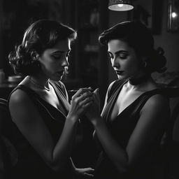 A striking black and white image depicting a couple of women in a Nouvelle vague style