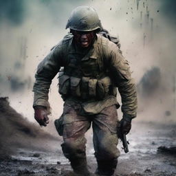 Generate an image of a soldier in the thick of combat, his uniform and skin streaked with sweat, blood, mud, and dirt, capturing the harsh realities of war on a chaotic battlefield