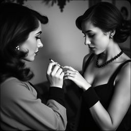 A striking black and white image depicting a couple of women in a Nouvelle vague style