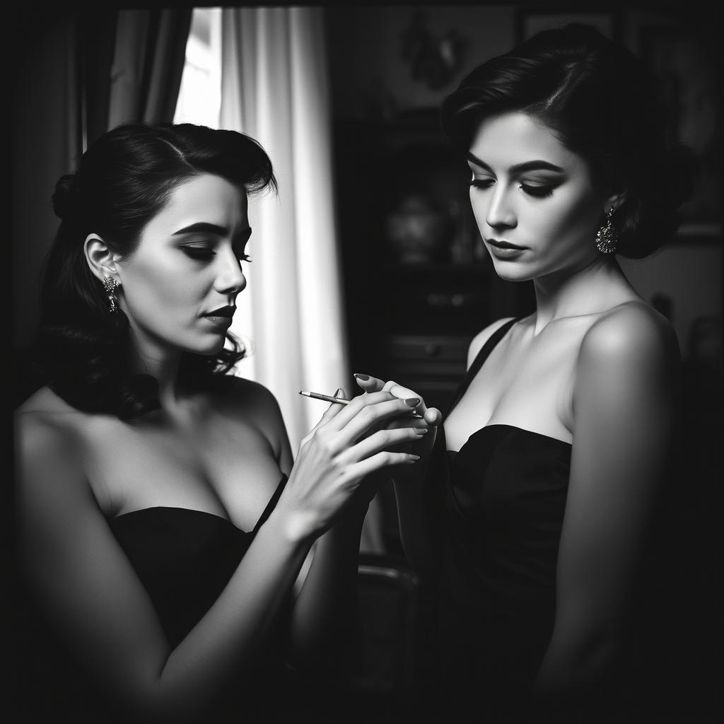 A striking black and white image depicting a couple of women in a Nouvelle vague style